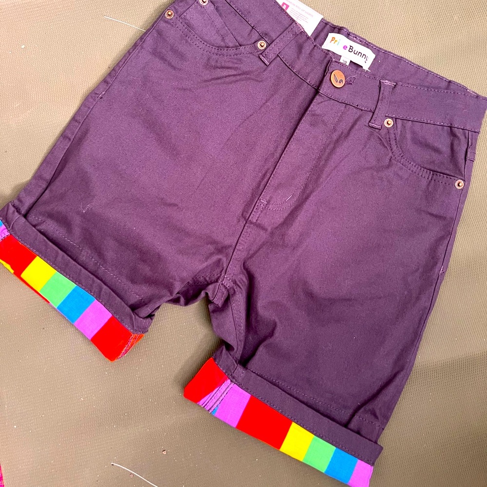 Pride Bunny Gay Pride Style Rainbow Rollup Shorts NWT Charcoal Size 28